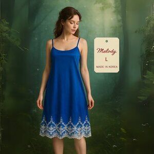 Vintage Sapphire Blue Melody Nightgown – Wide 8” Lace Hem – Fairycore L